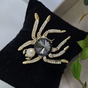 Gold With Rhinestones Spider Brooch Pin